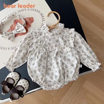 דוב, מנהיג התינוק משולש מטפס 2023 סתיו חדש של בנות פרח מתוק הדפסה פרע שרוול ארוך בגד גוף תינוק חמוד להתלבש