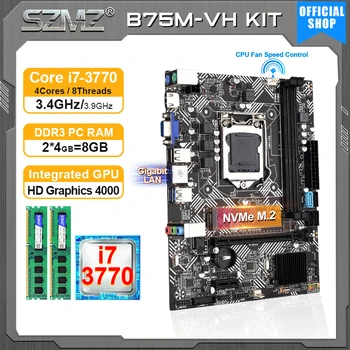 SZMZ B75M-VH לוח אם ערכת מעבד i7 3770 RAM 2*4GB DDR3 משולבת תמיכה Gigabit Lan קריר מאוורר שליטה NVME B75 lga1155 פלאסה מיי
