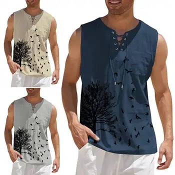 גברים קיץ גופיה עץ ציפור הדפס תחרה-up עיצוב קליל ללא שרוולים T-Shirt מתאים רופף וסט ריצה חוף מכון כושר חולצות