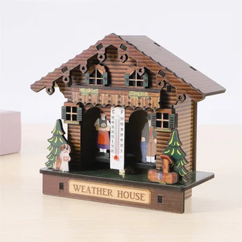 מזג האוויר הבית יער מזג האוויר הבית עם גבר ואישה, עץ בקתת ברומטר מד טמפרטורה ו לחות