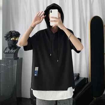 Harajuku ענק קפוצ ' ונים גברים מזויף שני חלקים כל-התאמה עם שרוול קצר חולצות 2023 קיץ חדשה הונג קונג אופנה היפ-הופ לכל היותר