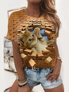 קיץ חמוד 3D חתול להדפיס חולצות נשים 3D חתול הדפסה צוואר צוות בסיסי לכל היותר חם אופנה Harajuku בתוספת גודל