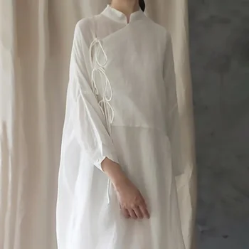 סיני הקיץ והאביב לבן של נשים שמלה מתאימה רופף בסגנון סיני חומץ כותנה פשתן גירסה שונה של שמלה