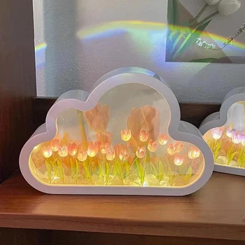 DIY ענן צבעוני אור LED לילה ילדה השינה קישוטים יצירתיים מסגרת תמונה מראה מנורות שולחן ליד המיטה בעבודת יד מתנות יום הולדת