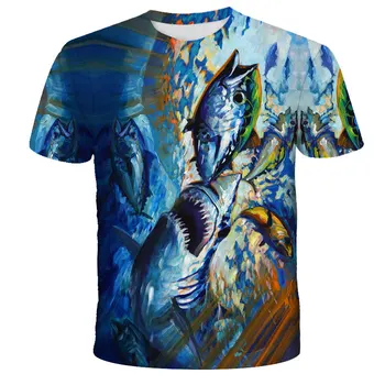 אמנות מופשטת קיץ גברים דיג בגדים שרוול קצר 3D צב ים עמוק דג ים כריש גרפי חולצות נשים טי צמרות מגניב