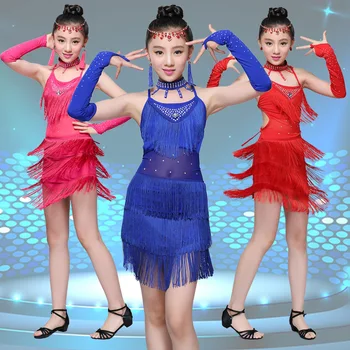 על הבמה פאייטים שוליים ציצית ריקודים לטיניים שמלת ילדה תחרות סלוניים, סלסה סמבה, טנגו ריקוד תלבושת