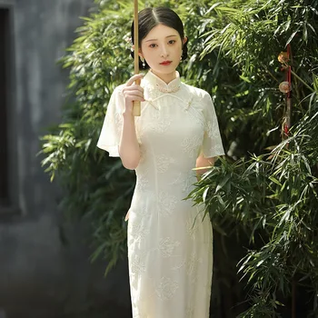 Yourqipao אלגנטי סינית מסורתית רקום Cheongsam 2023 סתיו חדש ומשופר עם שרוול קצר לנשים Hanfu חצאית שמלות