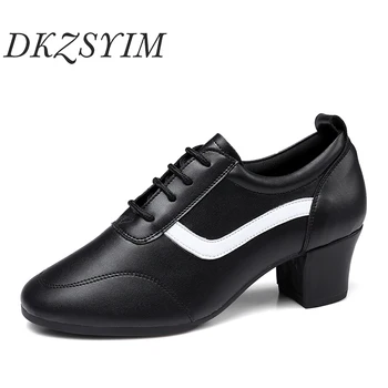 DKZSYIM מחול מודרני נשים נעלי קלאסי סלוניים, טנגו, לטינית ג 'אז סטנדרטי נעלי ריקוד שחור/לבן עור עם עקבים 3.5/5 ס