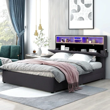 טעינת עיצוב בגודל קווין מרופדים פלטפורמה מיטה עם אחסון המיטה, LED, טעינת USB ו-2 מגירות, אפור כהה