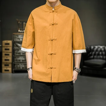 Chinoiserie התאמת צבע רופף חולצת קימונו יפני סיני לעמוד צווארון, חצי שרוול החולצה של הגברים חולצה קוריאנית חולצה מעיל