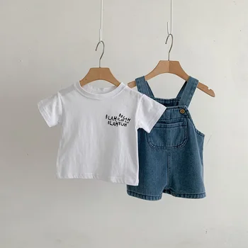 אופנה תינוק שרק נולד ילד ילדה הבגדים להגדיר שרוול קצר מכתב להדפיס כותנה חולצה גג+ג ' ינס Suspender קצרים 2PCS Outfis 0-3Y