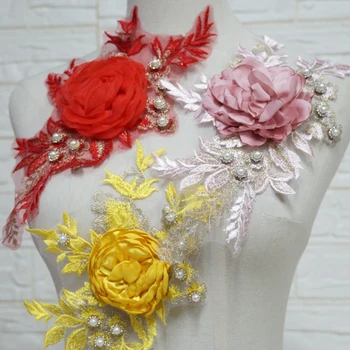 2 חתיכות 3D שיפון תחרה, תפירה אפליקציה עבור DIY השמלה עיצוב תלבושות אבזרים תחרה טלאי תחרה, פרח שמלת מחוך אפליקציה
