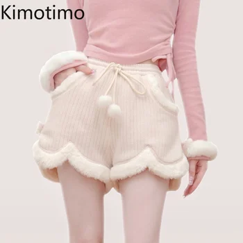 Kimotimo Kawaii מכנסי נשים סתיו חורף גבוה חגורת המותניים משולבים פרווה מכנסיים קצרים בסגנון יפני מתוק כל-התאמת עיצוב בגדים