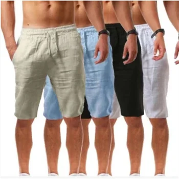 קיץ גברים כותנה פשתן קצרים מנופחים מזדמן Soild כדורסל מכנסיים קצרים מכנסי ההתעמלות גברים לנשימה ספורט קצרים חוף בגדים לגבר