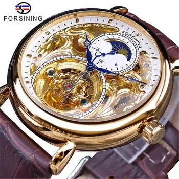 Forsining 726L גברים של שעונים אוטומטיים מכאני עסקים שעון היד עמיד למים רצועת עור לצפות גבר שלד השעון