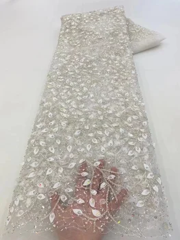 תחרה על שמלת החתונה עם 3D פרח חרוזים אפריקה טול בד מסיבת נשים סגול ניגריה נצנצים רשת צרפתית נטו אפליקציה