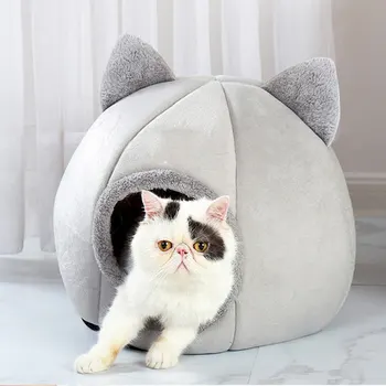 במערה מיטה לחתולים וכלבים קטנים, נוח לחיות מחמד ישן במיטה עצמית התחממות חתול אוהל, סככה