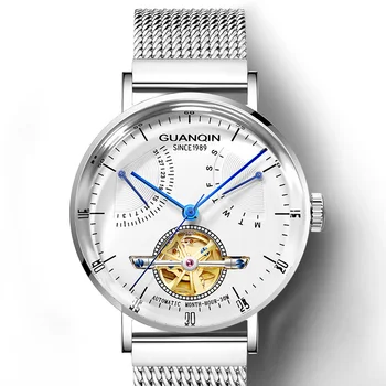 GUANQIN מותג טורבילון יוקרה של גברים שעונים מכאניים עמיד למים נירוסטה שעון רב תכליתי עבור גברים אופנה שעון