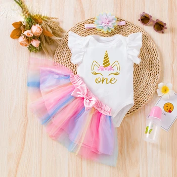 3PCS התינוק הנולד שמלת ילדה 1 יום הולדת תלבושת להגדיר קרן כותנה O-צוואר פעוטות בנות פרע שרוולים בגדי קיץ 0-24M