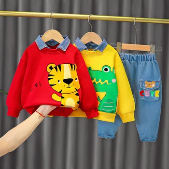 התינוק בגדים 0-4 שנים האביב והסתיו עם שרוולים ארוכים החליפה קריקטורה ילד דש כותנה סוודר + ג ' ינס תינוק 2-piece סט