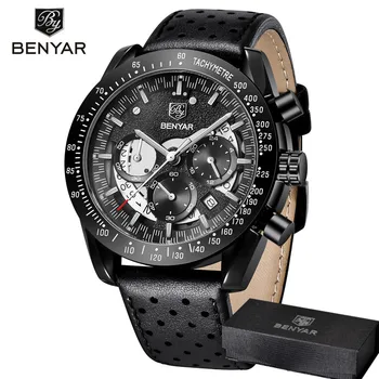 BENYAR העליון מותג יוקרה שעון גברים ספורט קוורץ זכר תאריך, הכרונוגרף שעון צבאי שחור עור אמיתי שעון יד 5120