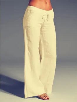 2022 קיץ נשים מכנסיים בציר צבע מוצק אלסטי המותניים כותנה פשתן מכנסיים מזדמנים גברת רופף רחב הרגל המכנסיים