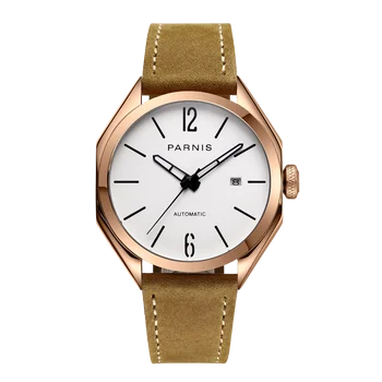 אופנה Parnis 43mm לבן חיוג אוטומטי מכני גברים עלה זהב רצועת עור שעונים לוח שנה גברים של שעון יוקרה 2023 מתנה