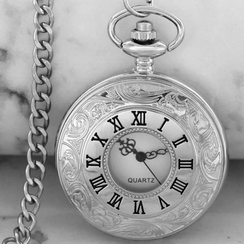 בציר יוקרה כסף קוורץ שעון כיס עבור גברים, נשים, חלול רומיות מקרה השרשרת Fob שעון מתנות רלו גבר