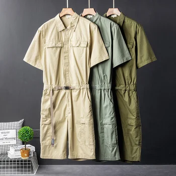 הקיץ קצר שרוול סרבל Mens סרבל צבע מוצק אופנה Y2k כותנה רופף גבוהה המותניים ירוק חאקי קצרים מכנסיים זכר בגדים