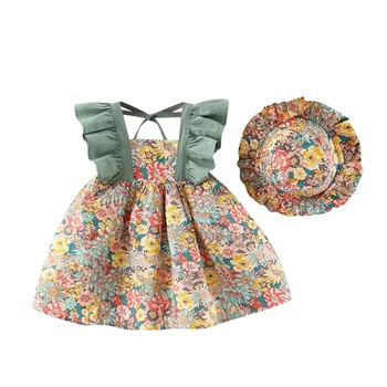 בנות תינוק ללא שרוולים תינוק כובע תינוק להתלבש חופשת הקיץ הנסיכה סט פרחוני קפלים בנות העכבר שמלה לנערות