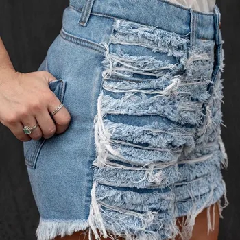 בתוספת גודל אור כחול קרע לגזור ג 'ינס קצרים עם ציצית נשים אופנת רחוב גבוהה המותניים חלול החוצה סקסי חור ג' ינס קצרים נשיים