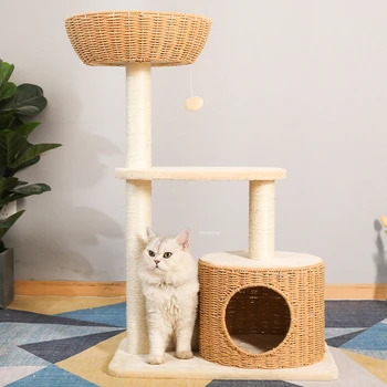 מודרני סיסל חבל פוסט חתול עץ מחמד טיפוס מסגרת מחמד אספקה קש חתול הבית עם פלטפורמה עיצוב חתול מגדל