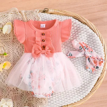 ילדה תינוק בגדי אופנה מודפס אוברול מזדמן התינוק לזחול חליפת תינוק בגדי הגוף הילדה Romper בנות קיץ תחרה שמלת נסיכה