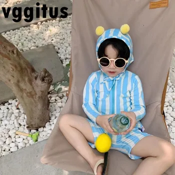 סגנון קוריאני חדש קיץ ילדה בגדי ים עם שרוולים ארוכים עם פסים רוכסן קרם הגנה בגד ים+כובע שחייה לילדים החוף בגדים H700