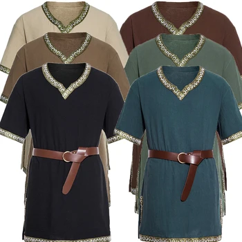 חדש בימי הביניים וינטג 'ויקינג פיראט טוניקה, חולצות לגברים ויקינג שרוול קצר מת