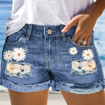 קיץ דיגיטלי הדפסת מכנסי ג ' ינס קצרים סקסי לוהט פופולרי נשים Quilting חור בכיס רגל ישרה מכנסיים רחוב Trendsetters