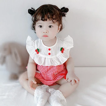 הרך הנולד התינוק בנות רומפר קיץ צבעוני מודפס לפרוע כותנה לפעוטות סרבל טיסה שרוול אדום בייבי בגדי בנות