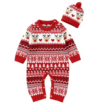 היילוד בנים בנות סרוגים סרבלים תינוק חג המולד Rompers כובעים בגדים סטים 0-18M הפעוט & התינוק ילדים 2pcs תלבושות הלבשה עליונה
