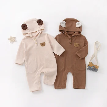 הסתיו בייבי Romper עם כיסים בנים ובנות דוב מעטה וופל תינוק חליפת בגדים שרוול ארוך לתינוק יחיד בגדים