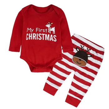 התינוק הנולד בגדים הילד קובע המולד הראשון שלי מכתב רומפר+בחליפות מכנסיים 2PCS בנות תלבושות ילדים חג המולד בגדים סטים
