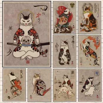 הסמוראי היפני קעקוע החתול פוסטר אומנות דקורטיבית אנימה התמונה בר קפה בבית קיר אמנות הדפס קראפט נייר חומר ילדים אמנות