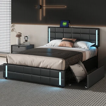פלטפורמה מיטה עם נורות LED ו-USB טעינה, אחסון למיטה עם 4 מגירות, שחור