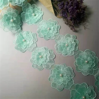 1 חצר ירוקה גדולה לפרח פרל חרוזים רקומים תחרה לקצץ פרחוני Applique טלאים בד תפירה וינטג 'שמלת חתונה 10 ס
