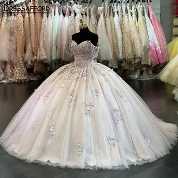 שמפניה אור תחרה, אפליקציות מחוץ כתף שמלת נשף שמלת קינסאנךרה 2023 שמלת נסיכה מתוק 16 להתלבש vestidos