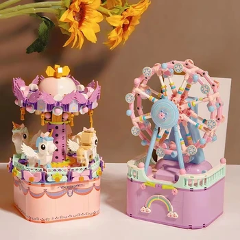 יצירתי קרוסלה גלגל ענק אבני הבניין צעצועים לילדים דגם Music Box Mini רחובות הארה בנות צעצועים מתנות יום הולדת