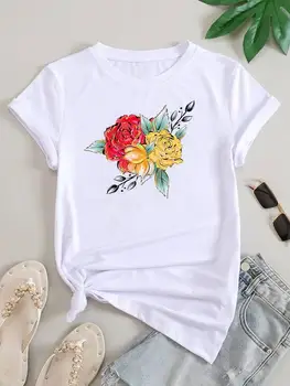 פרח ה-90 חמוד מתוק בסגנון הקיץ הדפס גרפי טי-שירט עליון חולצת שרוול קצר בגדי בגדי נשים, אופנת טי.
