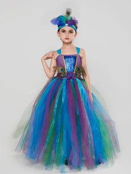 נערת היופי, חצאית, שמלה מפוארת נוצת טווס עם סרט ילדים ילדים מסיבת יום הולדת חתונה שמלות נשף נגרר טול שמלה