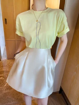 Iyundo אור צהוב חולצות עם צוואר עגול מודפס מול כתף קצר שרוול חולצות 2023 חדש קיץ אופנה קוריאנית העליון
