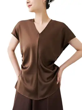 חדש משי חלקה חומצה אצטית סאטן צוואר עגול חולצת הטריקו של הנשים חופשי העליון אלגנטי נוער אישה חולצות חולצות חולצות בתוספת גודל 6XL