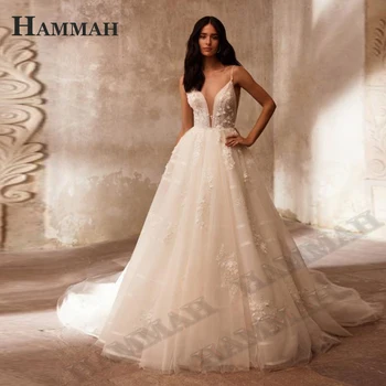 HAMMAH עמוק V צוואר שמלות חתונה עבור נשים אלגנטי ספגטי רצועת אטרקטיבי טול קלאסי אפליקציות רכבת משפט אישי